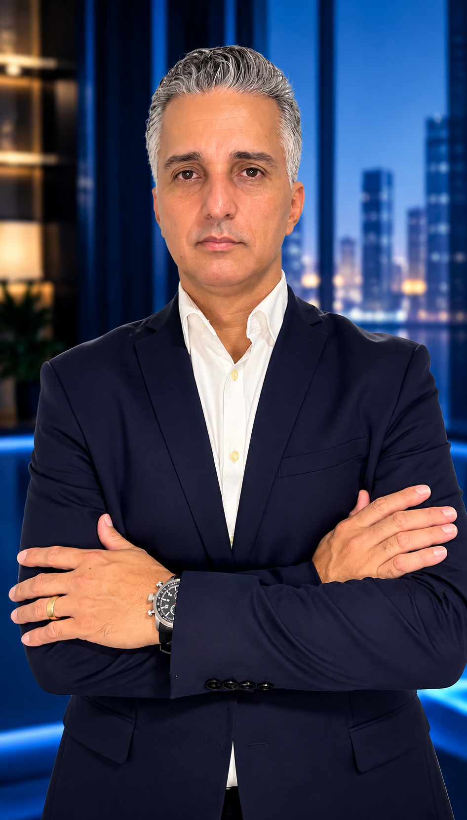 Jonathas Matias de braços cruzados, de terno azul-marinho