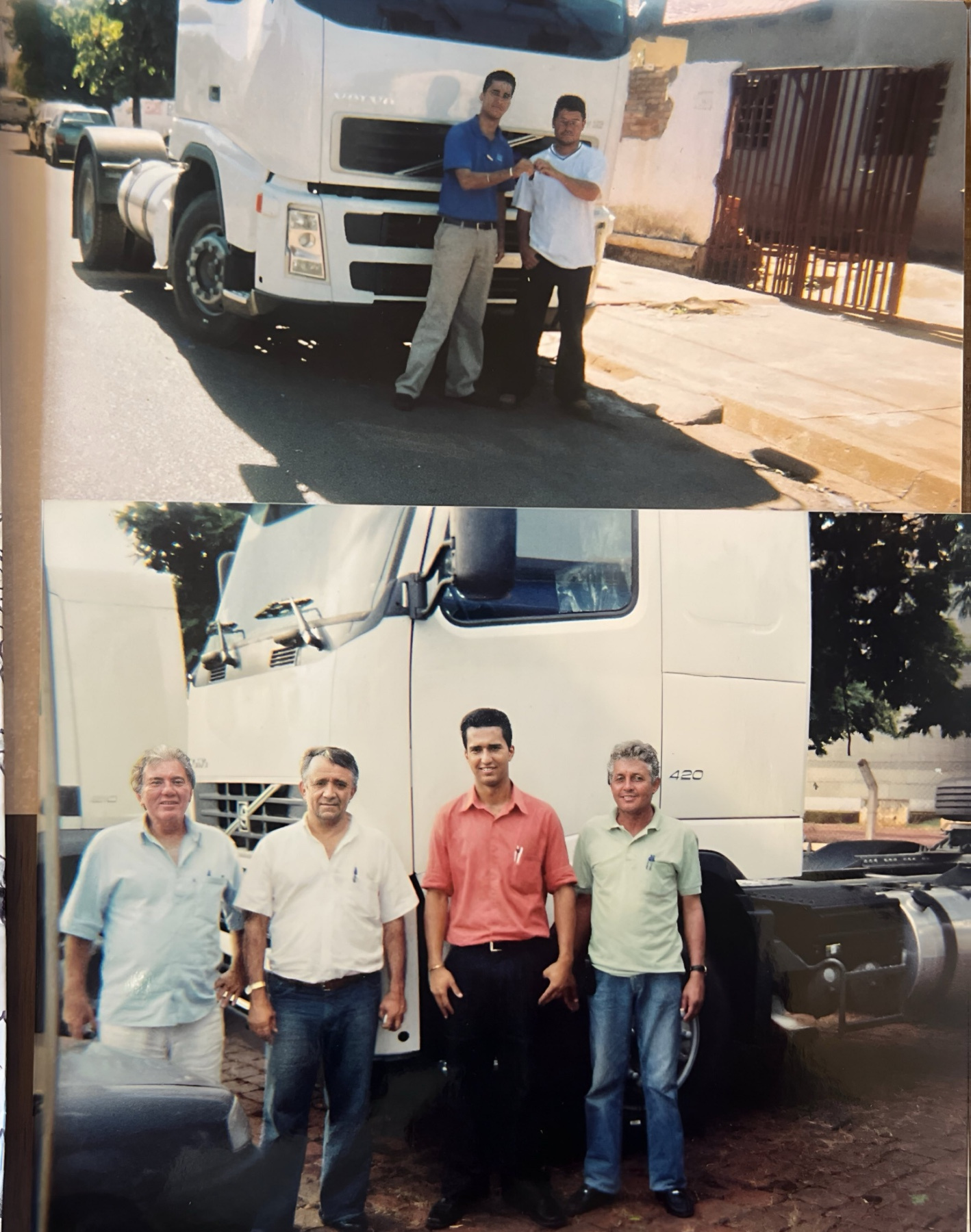 Duas fotografias antigas de Jonathas com outras pessoas diante de caminhões Volvo